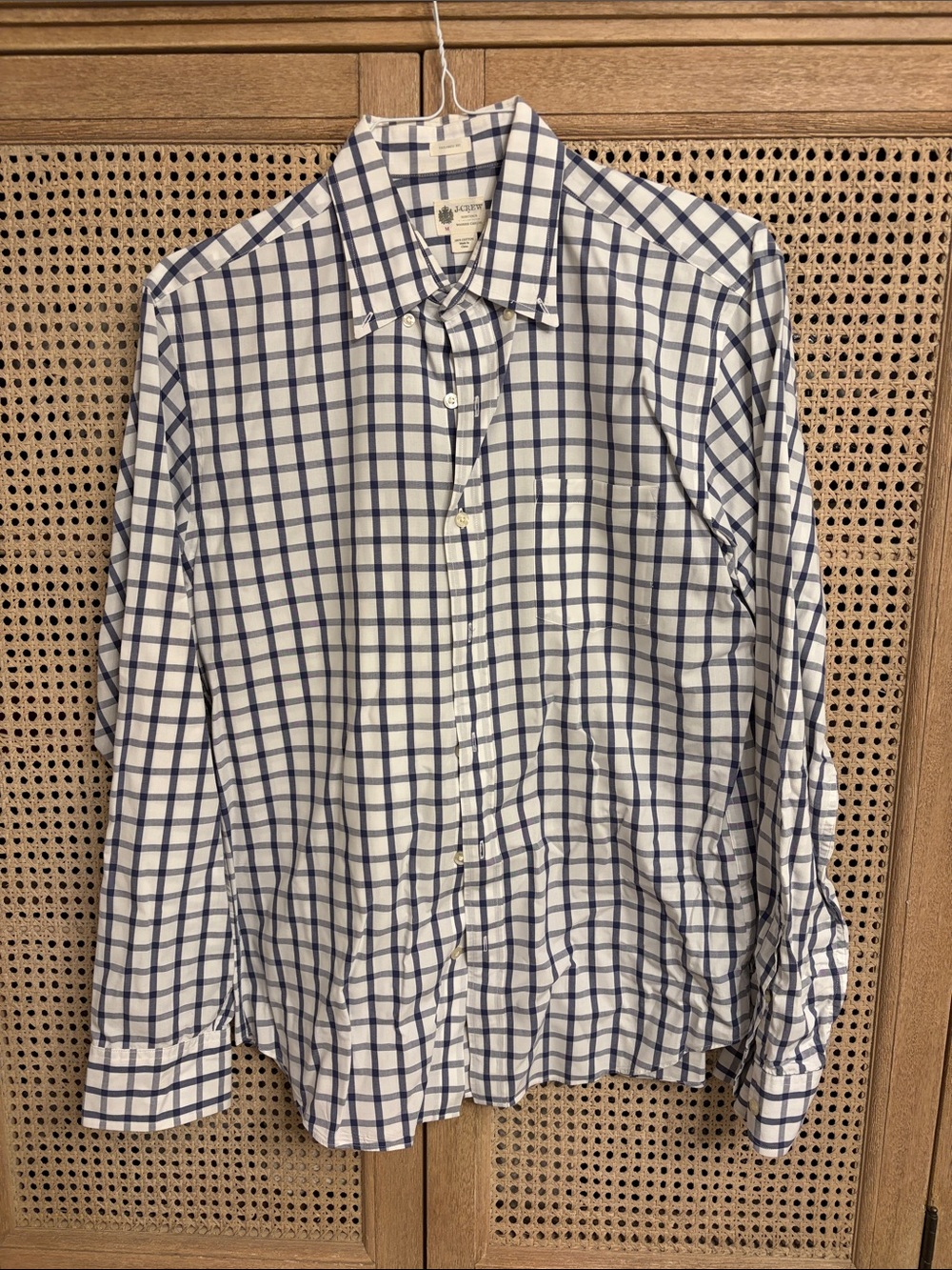 J. Crew White and Navy Checked Cotton Tailored Fit Dress Shirt